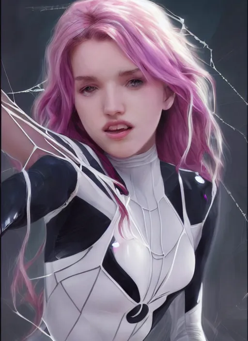 Image similar to ultra realistic illustration, bella thorne as spidergwen anime, intricate, elegant, highly detailed, digital painting, artstation, concept art, smooth, sharp focus, illustration, art by artgerm and greg rutkowski and alphonse mucha and wlop