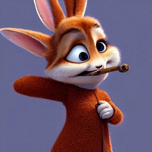 Prompt: very cute kid\'s film character rabbit, disney pixar Zootopia character concept artwork, 3d concept, detailed fur, anthropomorphic animal smoking a carrot shaped cigar blunt, high detail iconic character for upcoming film, trending on artstationhd, charlie bowater, villain character, evil dark cinematic
