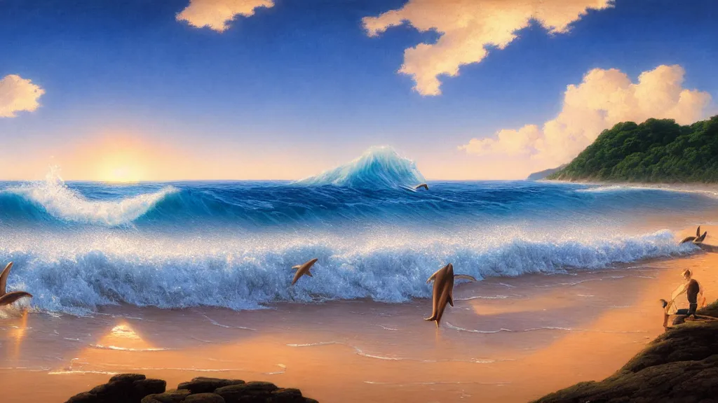 Image similar to first person view of breaking waves on the shore, summer, clear beautiful sky, bright sky, dolphins dolphin swimming, peaceful, amazing, by andreas rocha and john howe, and Martin Johnson Heade, featured on artstation, featured on behance, golden ratio, ultrawide angle, f32, well composed