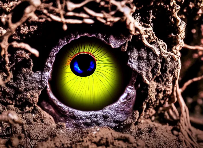 Image similar to photo of an eyeball in a cavern wrapped in roots underground. Fantasy magic style. Highly detailed 8k. Intricate. Nikon d850 55mm. Award winning photography.