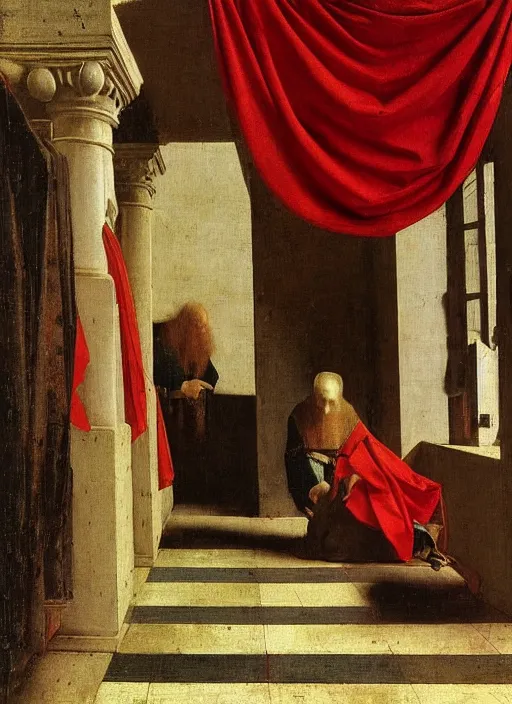 Image similar to red cloth of the floor, medieval painting by jan van eyck, johannes vermeer, florence