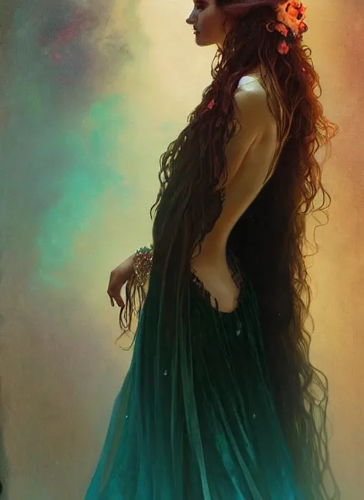 Image similar to ombre velvet gown, dark colors, feathers, lovely bohemian princess, portrait, dramatic light on face, long hair, tiara, dozens of jeweled necklaces, feral languid woman, by greg rutkowski, brom, anato finnstark, alphonse mucha