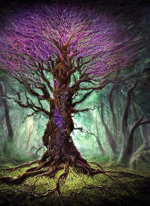 Prompt: a beautiful painted ayahuma tree with dark roots and white light in the branches, centered in the middle of the picture, faces embedded in the trunk, god rays, shamanism, matte painting, fantasy art, ayahuasca