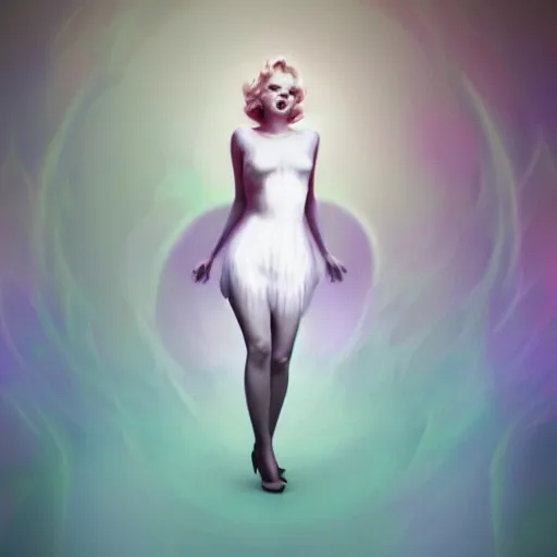 Prompt: long Shot of psychedelic Marilyn Monroe standing in misty chromatic astral temple , stylish, lsd, soft, trending on artstation, cinematic, artwork by WLOP