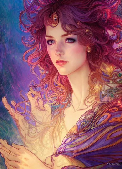 Image similar to Lightning Sorceress, ambient lighting, 4k, josephine wall, alphonse mucha, lois van baarle, ilya kuvshinov, rossdraws, artstation