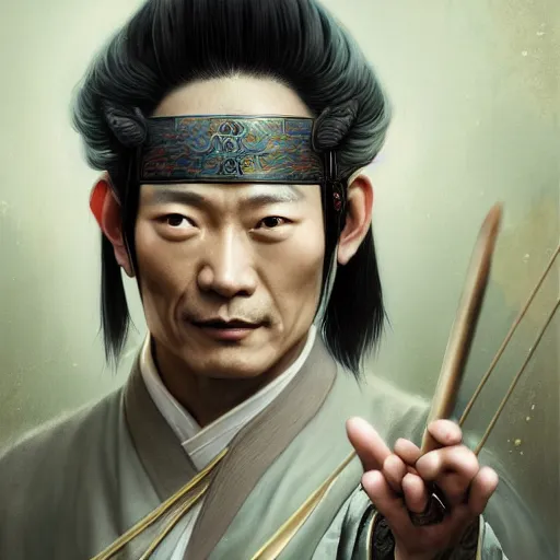 Image similar to a chinese taoist priest, like andy lau, immortal taoist bones, affable ， style of tom bagshaw, cedric peyravernay, peter mohrbacher, victo nga, 4 k hd illustrative wallpaper, animation style, chinese style