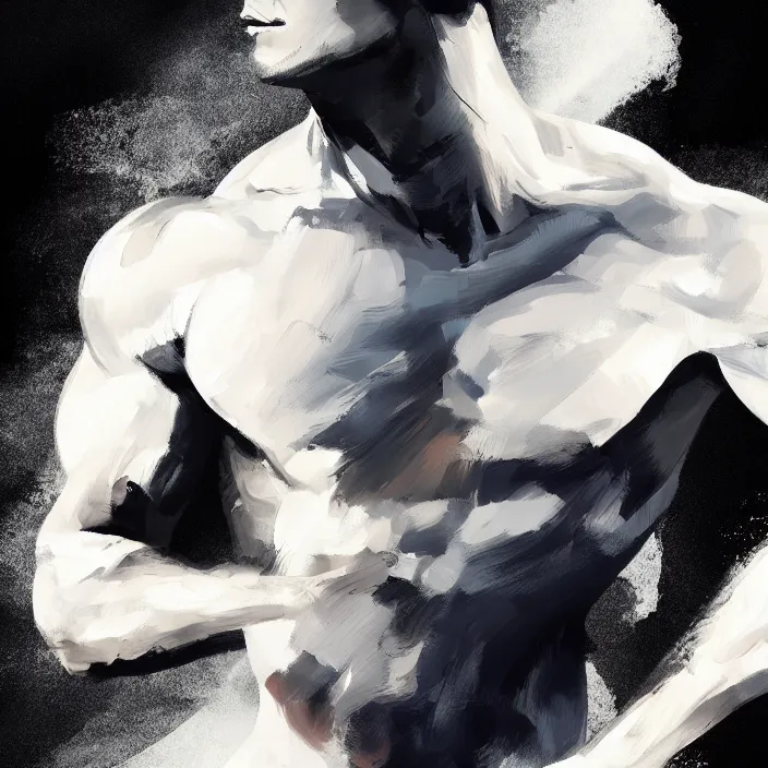 Image similar to closeup of a thin, athletic physique man's body in abstract, thick flowing dramatic brush strokes, strong wind, white background, matte colors, impressionist, extreme motion, trending on artstation