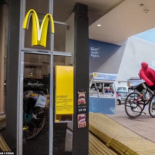 Image similar to cyclist in mcdonalds toilet eating donuts and drinking yerba mate