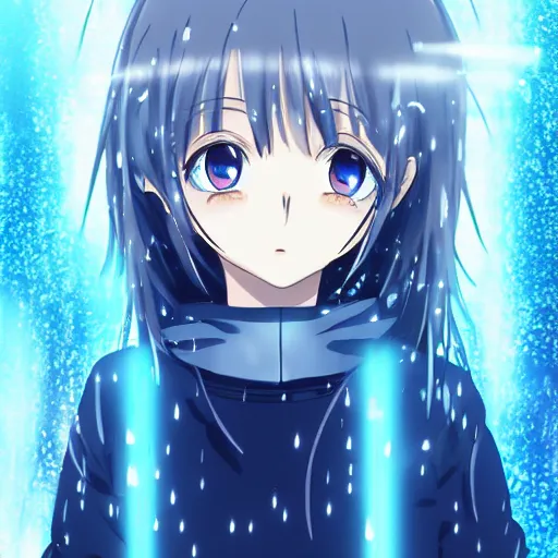 Image similar to key anime visual of a girl with glowing blue eyes; rain falling; close up shot; trending on Pixiv