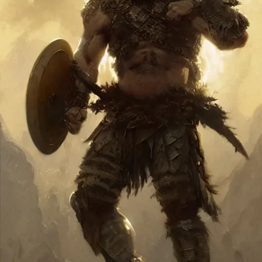 Image similar to a fierce and muscular male warrior in full armor, handsome, hairy torso, fantasy character portrait by greg rutkowski, gaston bussiere, craig mullins, simon bisley