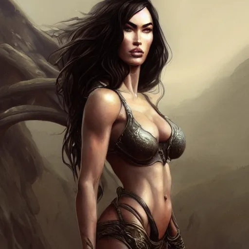 Image similar to portrait of megan fox, muscular upper body, fantasy, intricate, elegant, highly detailed, digital painting, artstation, concept art, matte, sharp focus, illustration, art by aenaluck and roberto ferri and greg rutkowski, epic fantasy, digital painting