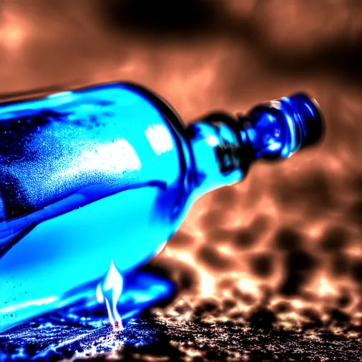 Image similar to blue flame captured in a bottle, 4 k, photography, highly detailed