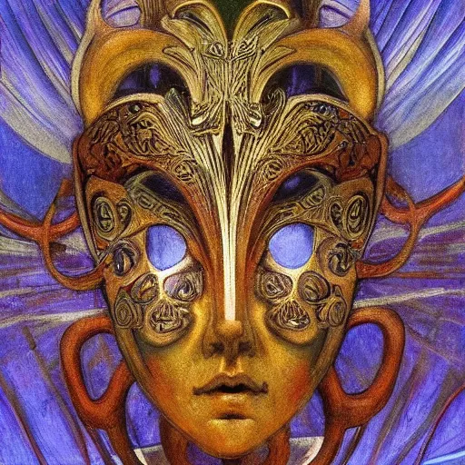 Image similar to masterpiece painting of a facemask made of stylized flowers, by annie swynnerton and jean delville and tino rodriguez and john watkiss, flower mask, art deco shaman, art brut, symbolist, dramatic lighting, god rays, elaborate geometric ornament, clean crisp graphics, soft cool colors, smooth, sharp focus, extremely detailed