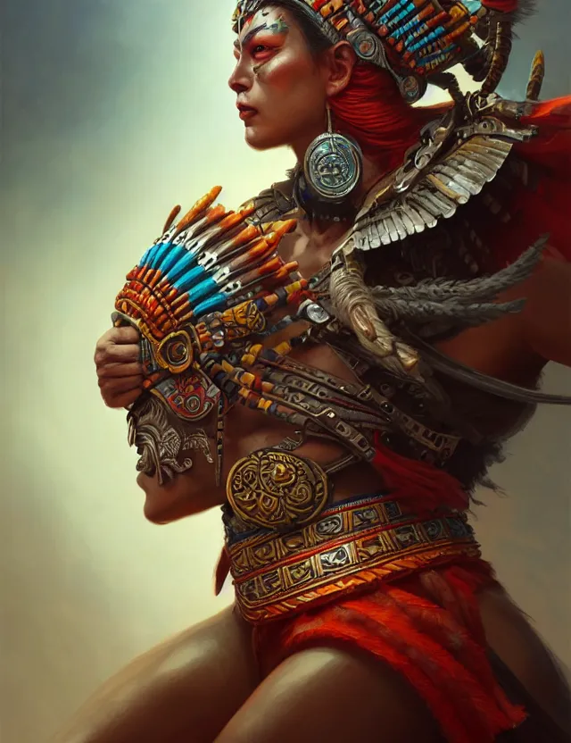 Image similar to ultra realistic illustration, aztec warrior, intricate, highly detailed, digital painting, artstation, cgnode, concept art, smooth, sharp focus, cinematic lighting, colorful, art by artgerm and peter mohrbacher and fenghua zhong