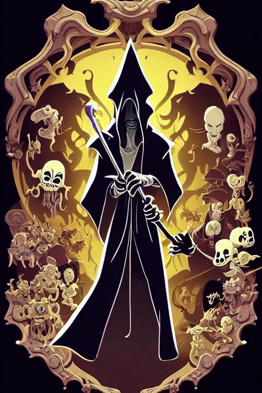 Image similar to video game cover, disney grim reaper dressed with a cape surrounded by monsters and demons, intricate baroque style. by mike mignola, by goro fujita, by octavio ocampo, masterpiece. intricate artwork, very coherent symmetrical artwork, cinematic, pixar studio, smooth gradients, high contrast. full body character, clean ink detailed line drawing