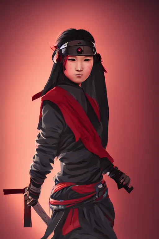 Prompt: native japanese young woman dressed like shinobi ninja, focused stare, partially masked, highly detailed, photobash, photorealistic render, trending on artstation, character design, red background, cinematic lighting