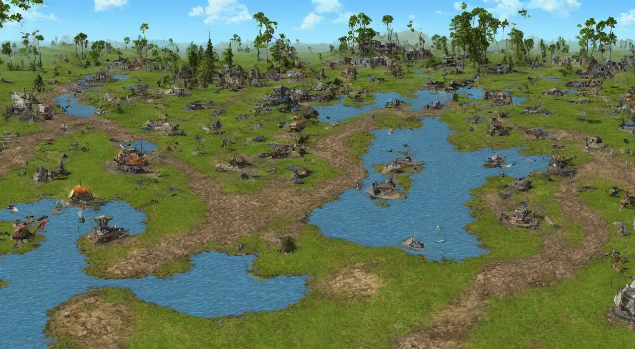 Prompt: Empire Earth 2 psx gorgeous absurd lakehouse landscape scene in the wildlife lively summertime.