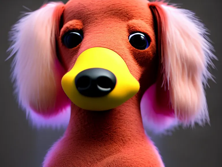 Prompt: high quality 3 d render hyperrealist very cute fluffy smooth dachshund plush mascot, long spiky fluffy hair, photo from the side, multi pastel colors, vray, smooth background, artstation, ultra detailed