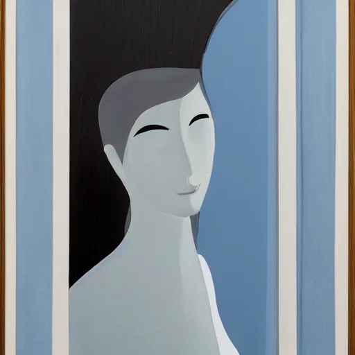 Image similar to A kinetic sculpture of a beautiful young woman seated at a window, looking out at the viewer with a serene expression on her face. The light from the window illuminates her features & creates a warm, inviting atmosphere. The essence of beauty and tranquility. dark blue by George Ault delicate, ghostly