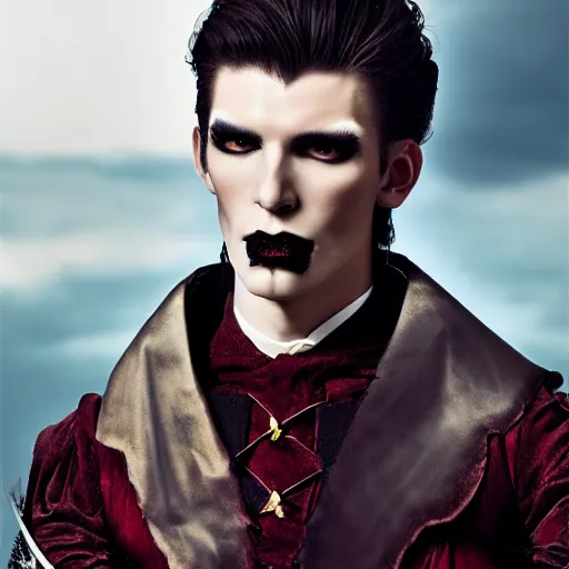 Prompt: head and shoulders vogue fashion photo portrait of a male vampire, d & d, fantasy, medieval castle, year 1 3 3 0