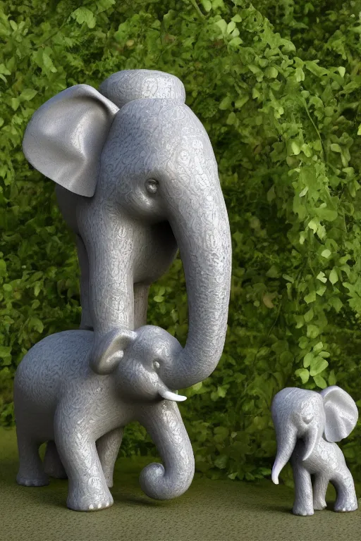 Image similar to ultra - realistic 3 d render of porcelain mother elephant and child elephants made of vines and infected with flowers, beautiful, elegant