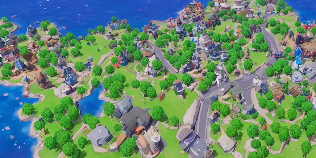 Image similar to small coastal town in a video game similar to pokemon sword and shield. varied height level terrain, various points of interest, overview