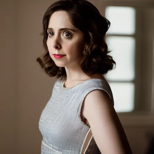 Image similar to Alison Brie in a business suit, film grain, EOS-1D, f/1.4, ISO 200, 1/160s, 8K, RAW, symmetrical balance, in-frame, Dolby Vision