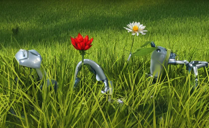 Prompt: close-up of a robot bending down to grab a single flower in the grass, utopian grassy landscape background, pond with frogs and lilypads, sun shining through the leaves, 3d render, Unreal Engine, octane render, ray tracing, Unity, highly detailed, high quality, HD, 4k, 8k, realistic, sharp, trending