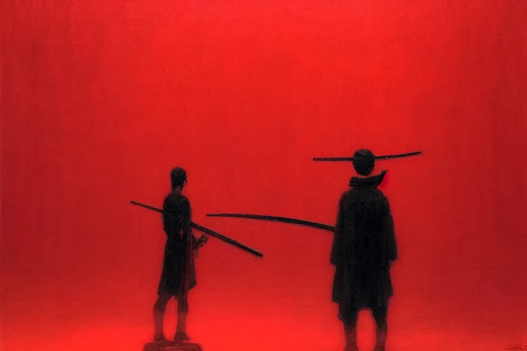 Image similar to only with red, a red samurai harakiri, tokio, a lot of frogs watch, in the style of beksinski, parts by edward hopper, parts by rodcenko, parts by yue minjun, intricate and epic composition, red by caravaggio, insanely quality, highly detailed, masterpiece, red light, artstation, 4 k