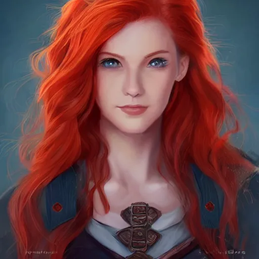 Image similar to a portrait of a young woman with red hair, smart, rich, shallan davar, blue eyes, beautiful, smiling, thick hair, rpg, dnd, artgerm style