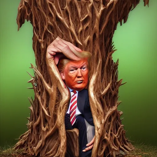 Image similar to donald trump is fused into a tree stump, hyperdetailed, artstation, cgsociety, 8 k