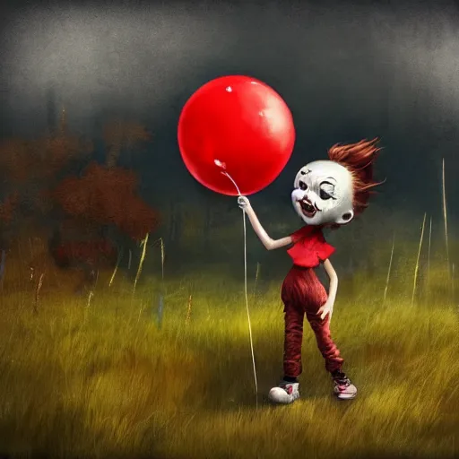 Image similar to grunge cartoon landscape sketch of bilie eilish with a wide smile and a red balloon by - michal karcz, loony toons style, pennywise style, horror theme, detailed, elegant, intricate