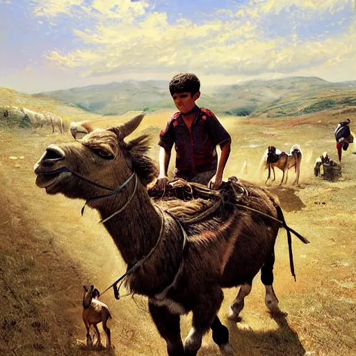 Image similar to a young boy kurdish shephard riding a donkey herding cows in the kurdish mountains art by martin ansin, highly detailed, 8 k, high resolution, award winning art, incredibly intricate