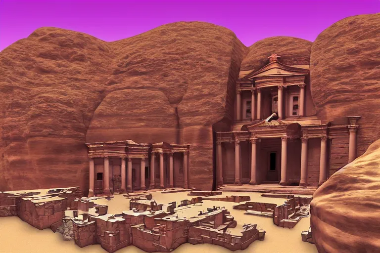 Prompt: “ the ancient city of petra as in the style of a background render from chrono cross ”