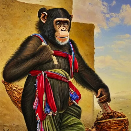 Image similar to beautiful painting by sophie anderson of a chimpanzee wearing traditional men kurdish clothes baggy pants and white shirt with a large sash tied around the waist in a kurdish village, award winning art, insanely detailed, bright colors, global illumination, cute, young, stunning