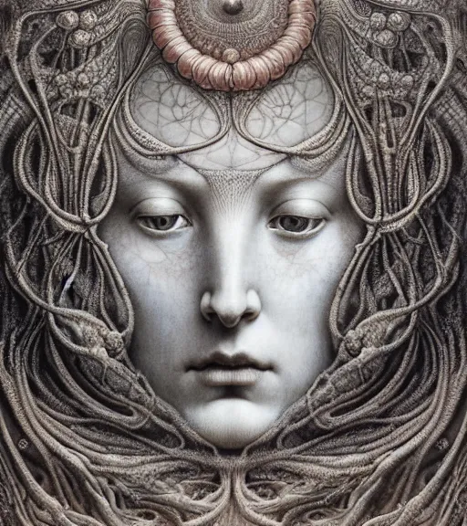 Image similar to detailed realistic beautiful tidepool goddess face portrait by jean delville, gustave dore, iris van herpen and marco mazzoni, art forms of nature by ernst haeckel, art nouveau, symbolist, visionary, gothic, neo - gothic, pre - raphaelite, fractal lace, intricate alien botanicals, ai biodiversity, surreality, hyperdetailed ultrasharp octane render