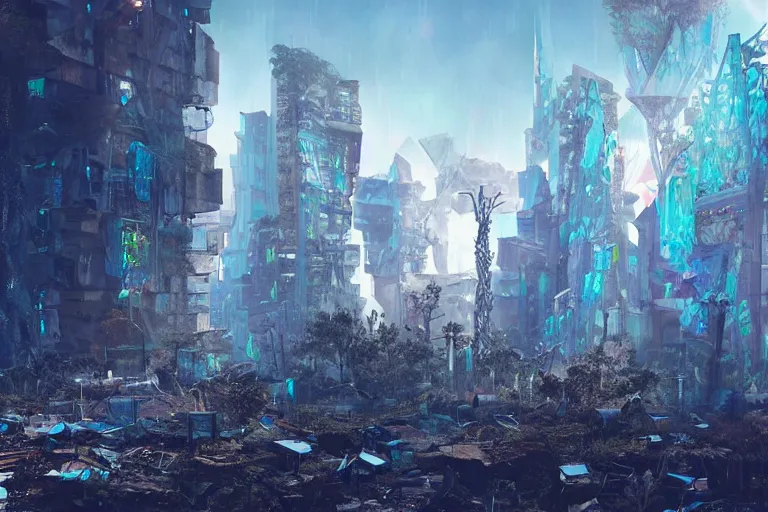 Image similar to a triangular portal structure made from crystals in the centre of an abandoned overgrown cyberpunk city, matte painting, unusual composition