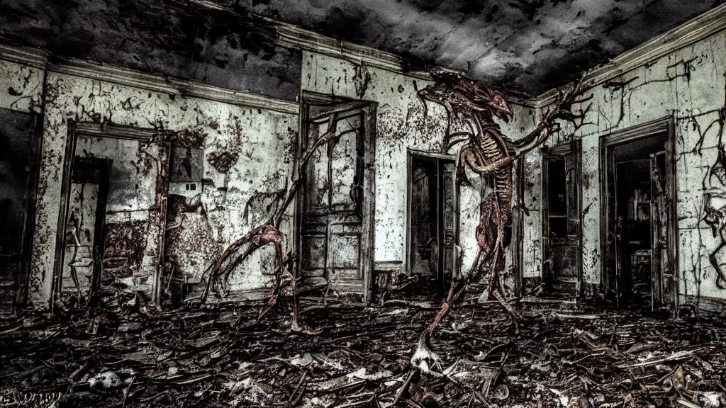 Image similar to a photograph of a decomposing thanatosdrakon in an old dilapidated mental hospital, scary, dark, hyper - detailed