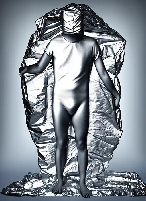 Image similar to man wrapped in foil standing cenimatic digital art