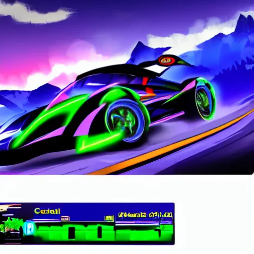 Prompt: https://s.mj.run/cI-BRi9ZEVs dynamic epic speed racer game marketing image with some neon lights on the road, mountains on the background. Concept art sheet study by Blizzard and Ubisoft, complementary color scheme