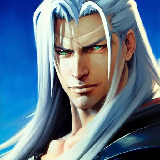 Image similar to Greg Manchess portrait painting of Sephiroth from FFVII as Overwatch character, medium shot, asymmetrical, profile picture, Organic Painting, sunny day, Matte Painting, bold shapes, hard edges, street art, trending on artstation, by Huang Guangjian and Gil Elvgren and Sachin Teng