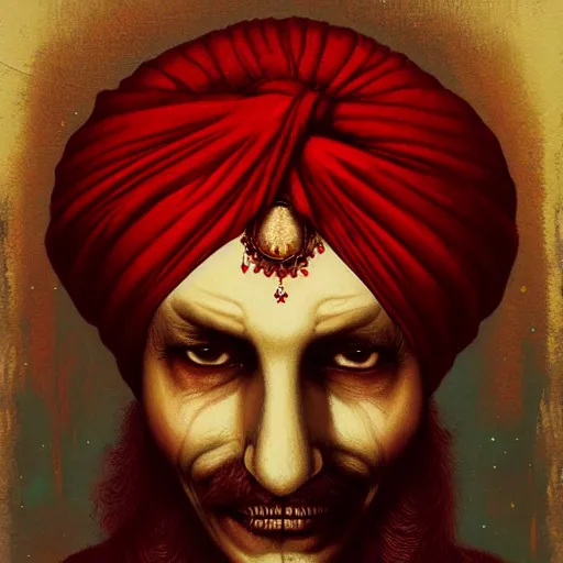 Image similar to old indian guru, turban, creepy, red and gold, meditation, by Anato Finnstark, Tom Bagshaw, Brom