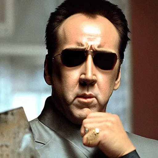 Image similar to Nicolas Cage as Morpheus in the Matrix