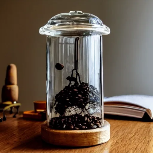 Prompt: the universe enclosed in a bell jar sitting on a coffee table, ultra realistic, soft lighting, ethereal,