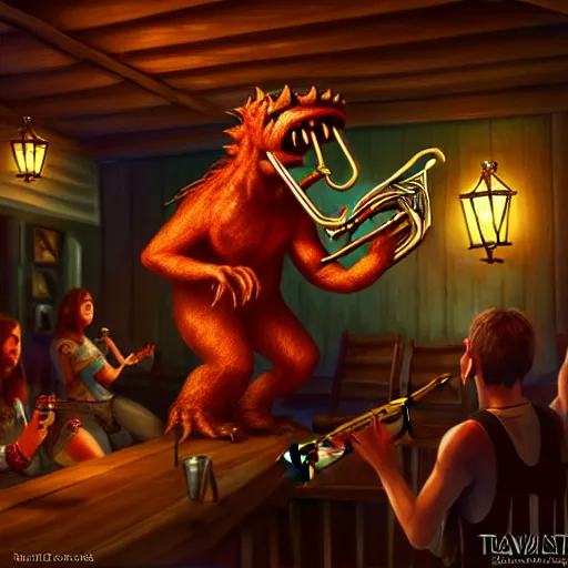 Image similar to monster playing trumpet in tavern to cheering patrons, artstation, fantasy