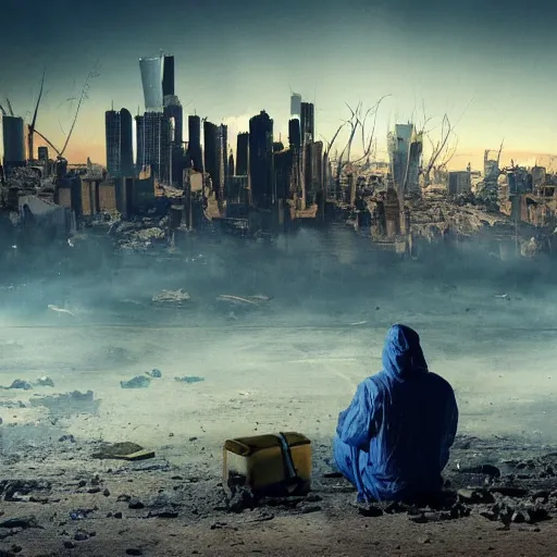 Image similar to a beautiful award-winning photo of the last man on Earth wearing a hazmat suit sitting near the flag of Argentina, serene idyllic post-nuclear background, a mirage of a skyline of a destroyed city, volumetric lighting, very high quality, extremely detailed, subtle visual noise, 8K