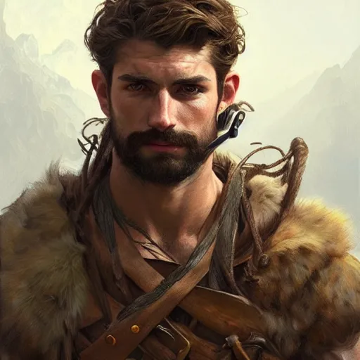 Image similar to portrait of a young rugged ranger, muscular, bust, hairy chest, D&D, fantasy, intricate, cinematic lighting, highly detailed, digital painting, artstation, concept art, smooth, sharp focus, illustration, art by Artgerm and Greg Rutkowski and Alphonse Mucha