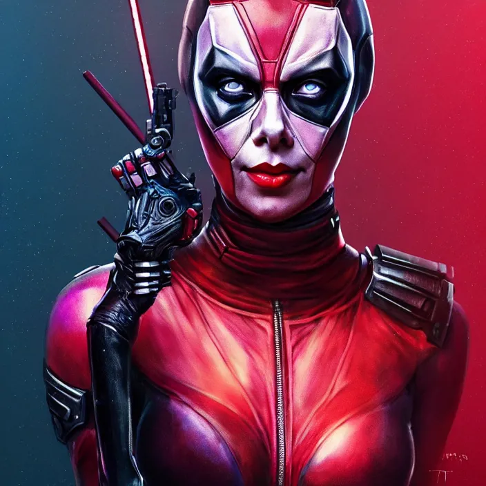 Image similar to charlize theron as lady deadpool. intricate abstract. intricate artwork. by tooth wu, wlop, beeple, dan mumford. octane render, trending on artstation, greg rutkowski very coherent symmetrical artwork. cinematic, hyper realism, high detail, octane render, 8 k, iridescent accents