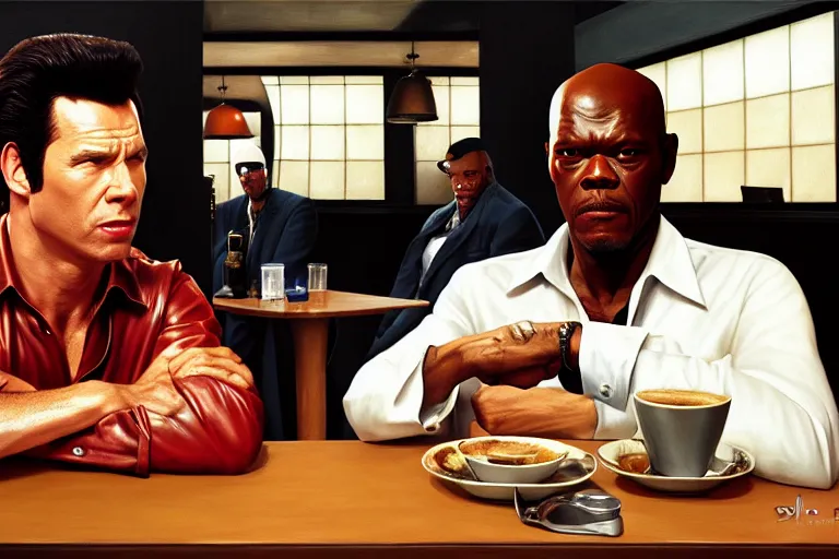 Image similar to painting pulp fiction movie highly detailed full - body samuel l jackson and john travolta posing in cafe, perfect symmetrical eyes, by eddie mendoza and tyler edlin, 8 k resolution, digital art, hyper realistic