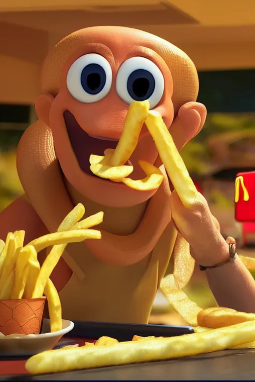 Image similar to a very detailed 3d rendered snake eating french fries in a mc donalds commercial, 4k sharp, 3d render , cinema4d by Beeple and pixar